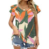 AILLOSA YH-127 V Yakalı Fırfırlı Baskılı Kısa Kollu Kadın T-shirt