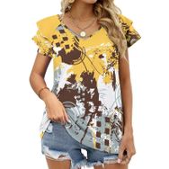 AILLOSA YH-128 V Yakalı Fırfırlı Baskılı Kısa Kollu Kadın T-shirt