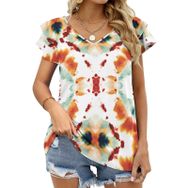 AILLOSA YH-129 V Yakalı Fırfırlı Baskılı Kısa Kollu Kadın T-shirt