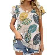 AILLOSA YH-130 V Yakalı Fırfırlı Baskılı Kısa Kollu Kadın T-shirt
