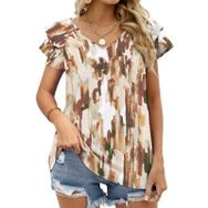 AILLOSA YH-131 V Yakalı Fırfırlı Baskılı Kısa Kollu Kadın T-shirt