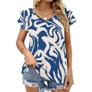 AILLOSA YH-132 V Yakalı Fırfırlı Baskılı Kısa Kollu Kadın T-shirt