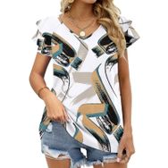 AILLOSA YH-133 V Yakalı Fırfırlı Baskılı Kısa Kollu Kadın T-shirt