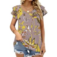 AILLOSA YH-134 V Yakalı Fırfırlı Baskılı Kısa Kollu Kadın T-shirt