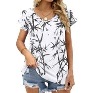 AILLOSA YH-135 V Yakalı Fırfırlı Baskılı Kısa Kollu Kadın T-shirt