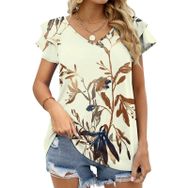 AILLOSA YH-136 V Yakalı Fırfırlı Baskılı Kısa Kollu Kadın T-shirt