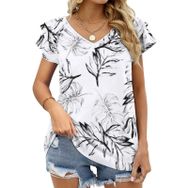 AILLOSA YH-137 V Yakalı Fırfırlı Baskılı Kısa Kollu Kadın T-shirt