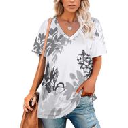 AILLOSA YH-138 Tamamı Baskılı V Yaka Kısa Kollu Kadın T-Shirt