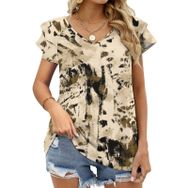 AILLOSA YH-139 V Yakalı Fırfırlı Baskılı Kısa Kollu Kadın T-shirt