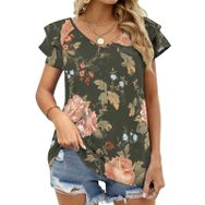 AILLOSA YH-14 V Yakalı Fırfırlı Baskılı Kısa Kollu Kadın T-shirt
