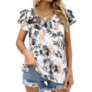 AILLOSA YH-140 V Yakalı Fırfırlı Baskılı Kısa Kollu Kadın T-shirt