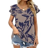 AILLOSA YH-141 V Yakalı Fırfırlı Baskılı Kısa Kollu Kadın T-shirt
