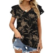 AILLOSA YH-142 V Yakalı Fırfırlı Baskılı Kısa Kollu Kadın T-shirt
