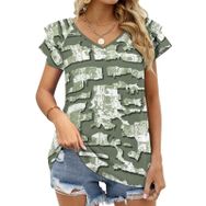 AILLOSA YH-143 V Yakalı Fırfırlı Baskılı Kısa Kollu Kadın T-shirt