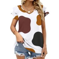AILLOSA YH-144 V Yakalı Fırfırlı Baskılı Kısa Kollu Kadın T-shirt