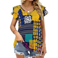 AILLOSA YH-145 V Yakalı Fırfırlı Baskılı Kısa Kollu Kadın T-shirt