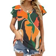 AILLOSA YH-146 V Yakalı Fırfırlı Baskılı Kısa Kollu Kadın T-shirt