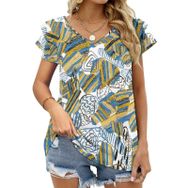 AILLOSA YH-147 V Yakalı Fırfırlı Baskılı Kısa Kollu Kadın T-shirt