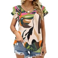AILLOSA YH-148 V Yakalı Fırfırlı Baskılı Kısa Kollu Kadın T-shirt