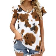 AILLOSA YH-149 V Yakalı Fırfırlı Baskılı Kısa Kollu Kadın T-shirt
