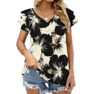 AILLOSA YH-15 V Yakalı Fırfırlı Baskılı Kısa Kollu Kadın T-shirt