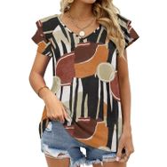 AILLOSA YH-150 V Yakalı Fırfırlı Baskılı Kısa Kollu Kadın T-shirt