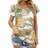 AILLOSA YH-152 V Yakalı Fırfırlı Baskılı Kısa Kollu Kadın T-shirt
