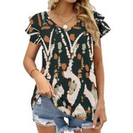 AILLOSA YH-153 V Yakalı Fırfırlı Baskılı Kısa Kollu Kadın T-shirt