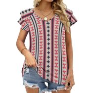 AILLOSA YH-154 V Yakalı Fırfırlı Baskılı Kısa Kollu Kadın T-shirt
