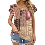 AILLOSA YH-155 V Yakalı Fırfırlı Baskılı Kısa Kollu Kadın T-shirt