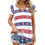 AILLOSA YH-156 V Yakalı Fırfırlı Baskılı Kısa Kollu Kadın T-shirt
