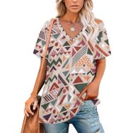 AILLOSA YH-157 Tamamı Baskılı V Yaka Kısa Kollu Kadın T-Shirt