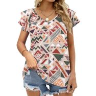 AILLOSA YH-157 V Yakalı Fırfırlı Baskılı Kısa Kollu Kadın T-shirt