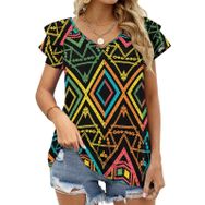 AILLOSA YH-158 V Yakalı Fırfırlı Baskılı Kısa Kollu Kadın T-shirt