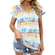 AILLOSA YH-159 V Yakalı Fırfırlı Baskılı Kısa Kollu Kadın T-shirt