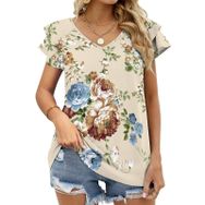 AILLOSA YH-16 V Yakalı Fırfırlı Baskılı Kısa Kollu Kadın T-shirt