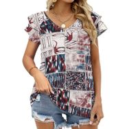AILLOSA YH-160 V Yakalı Fırfırlı Baskılı Kısa Kollu Kadın T-shirt