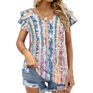 AILLOSA YH-161 V Yakalı Fırfırlı Baskılı Kısa Kollu Kadın T-shirt