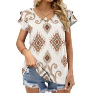 AILLOSA YH-162 V Yakalı Fırfırlı Baskılı Kısa Kollu Kadın T-shirt