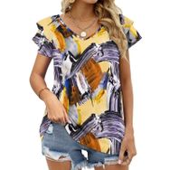 AILLOSA YH-163 V Yakalı Fırfırlı Baskılı Kısa Kollu Kadın T-shirt