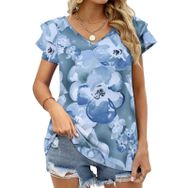 AILLOSA YH-164 V Yakalı Fırfırlı Baskılı Kısa Kollu Kadın T-shirt