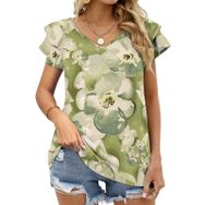 AILLOSA YH-165 V Yakalı Fırfırlı Baskılı Kısa Kollu Kadın T-shirt