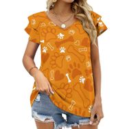 AILLOSA YH-166 V Yakalı Fırfırlı Baskılı Kısa Kollu Kadın T-shirt