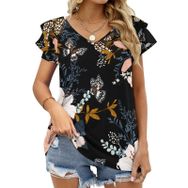 AILLOSA YH-17 V Yakalı Fırfırlı Baskılı Kısa Kollu Kadın T-shirt