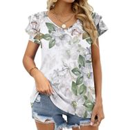 AILLOSA YH-170 V Yakalı Fırfırlı Baskılı Kısa Kollu Kadın T-shirt
