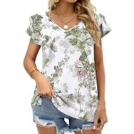 AILLOSA YH-175 V Yakalı Fırfırlı Baskılı Kısa Kollu Kadın T-shirt