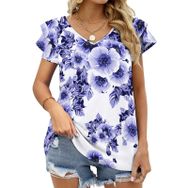 AILLOSA YH-179 V Yakalı Fırfırlı Baskılı Kısa Kollu Kadın T-shirt