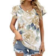 AILLOSA YH-18 V Yakalı Fırfırlı Baskılı Kısa Kollu Kadın T-shirt