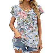 AILLOSA YH-19 V Yakalı Fırfırlı Baskılı Kısa Kollu Kadın T-shirt