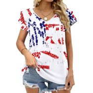 AILLOSA YH-192 V Yakalı Fırfırlı Baskılı Kısa Kollu Kadın T-shirt